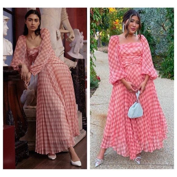 NWT Acler Mattison Pleated Plaid Chiffon Maxi Dress in Peach Size 6 Chic Retro - Picture 3 of 15